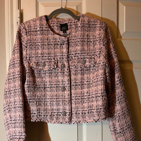 Women's Pink Tweed Cropped Jacket with Rhinestone Buttons - Medium - Picture 1 of 3